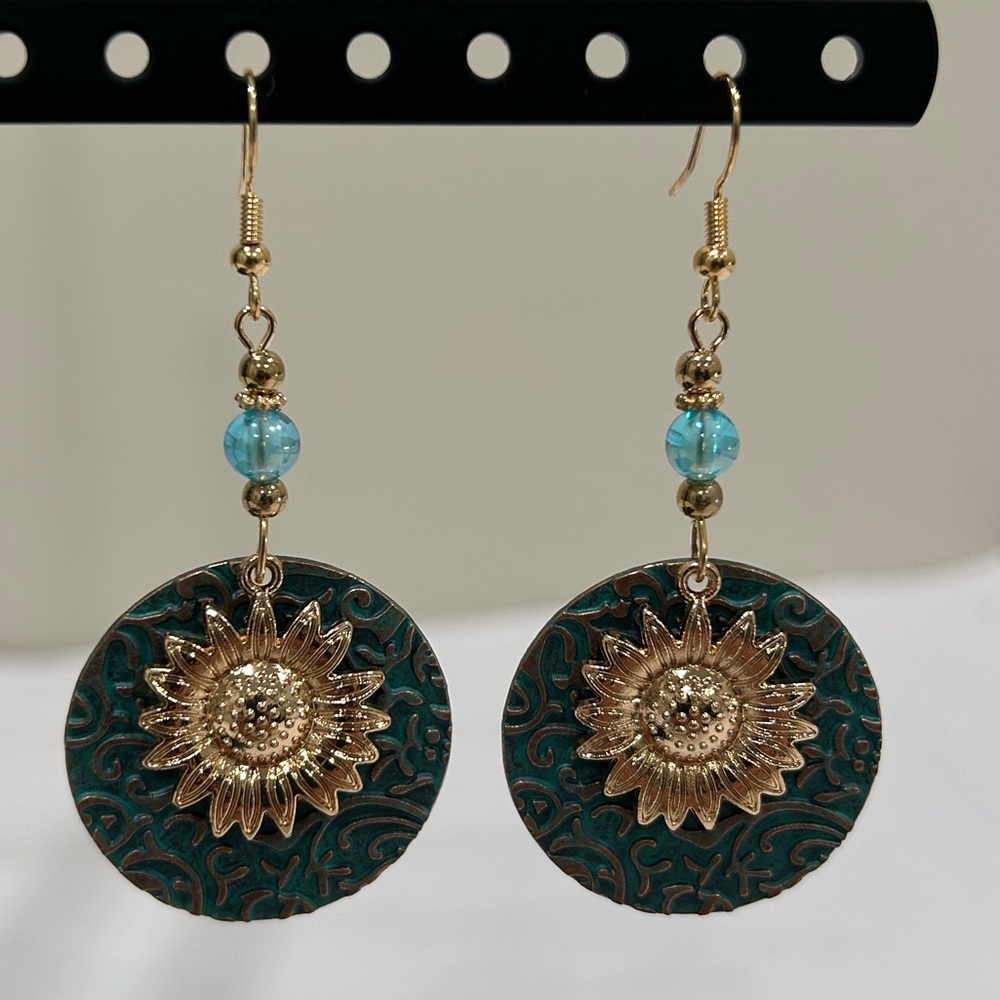 Gold and Blue Sunflower Earrings